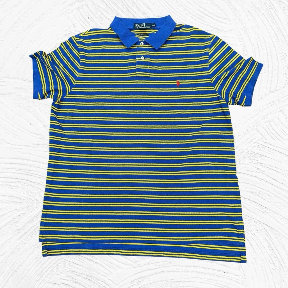 Polo Ralph Lauren Polo Shirt Short Sleeve Men Golf XXL Blue Yellow Striped